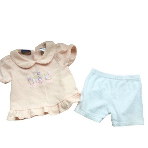 Scooters Size 12 Months 12M  Peach White Top Shorts 2 Pc Set Outfit Flower Pots - Picture 1 of 4